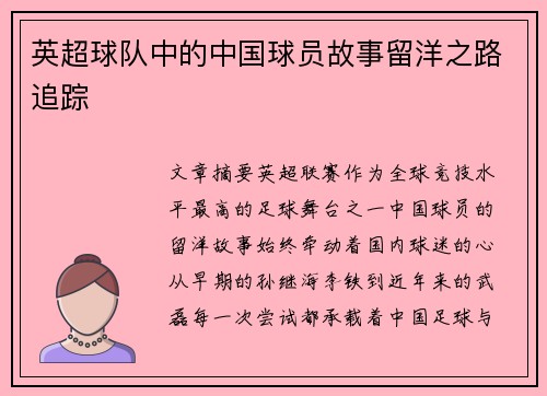 英超球队中的中国球员故事留洋之路追踪