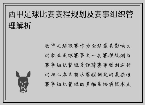 西甲足球比赛赛程规划及赛事组织管理解析
