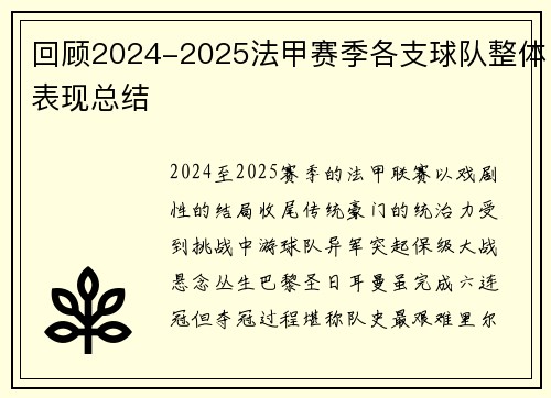回顾2024-2025法甲赛季各支球队整体表现总结